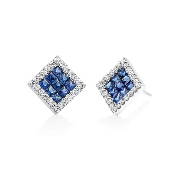 Sapphire & Diamond Square Stud Earrings
