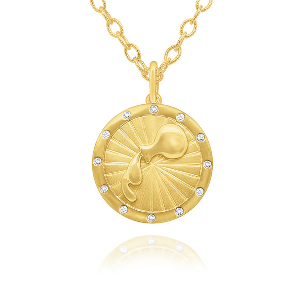 14KT Yellow Gold and Diamond AQUARIUS Zodiac Medallion Necklace