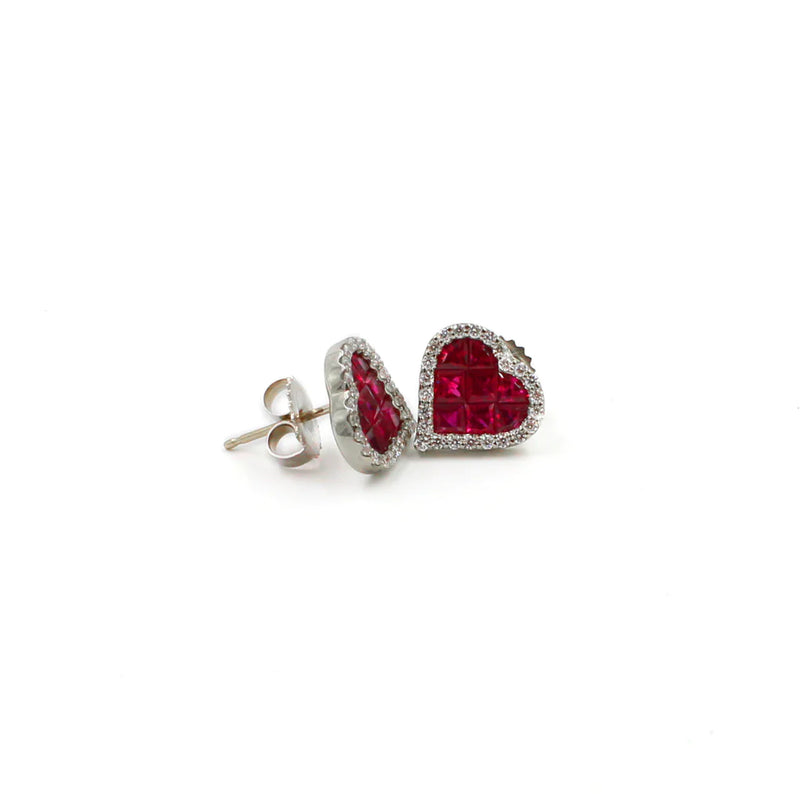 Ruby and Diamond Heart Stud Earrings