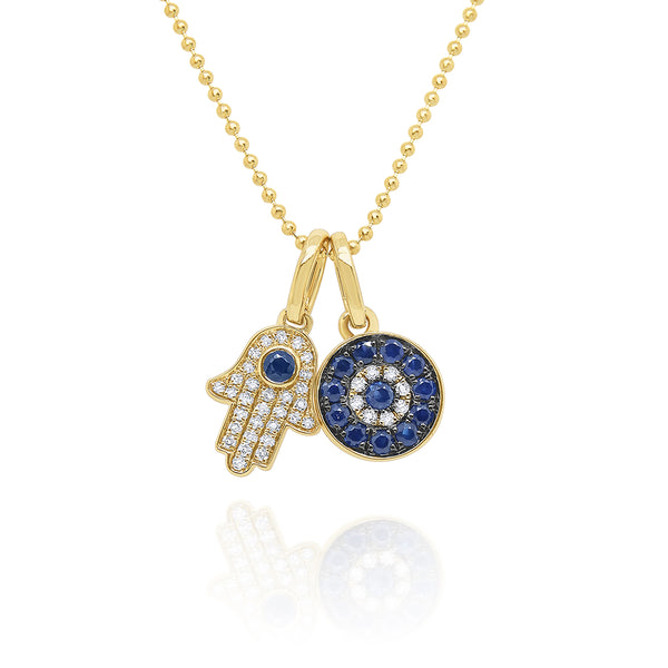 14KT Yellow Gold Diamond and Blue Sapphire Hamsa/Eye Necklace