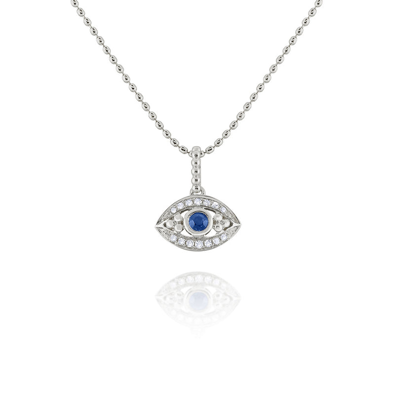 14KT White Gold Diamond & Blue Sapphire Evil Eye Necklace