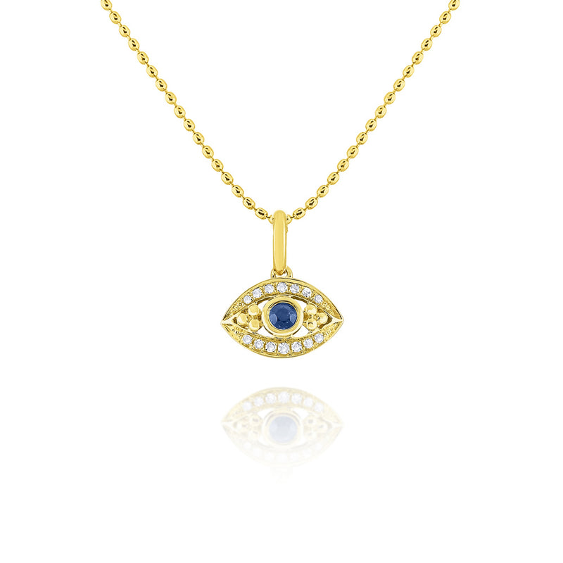 14KT Yellow Gold Diamond & Blue Sapphire Evil Eye Necklace