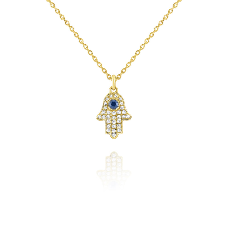 14KT Yellow Gold Diamond and Blue Sapphire Hamsa Necklace