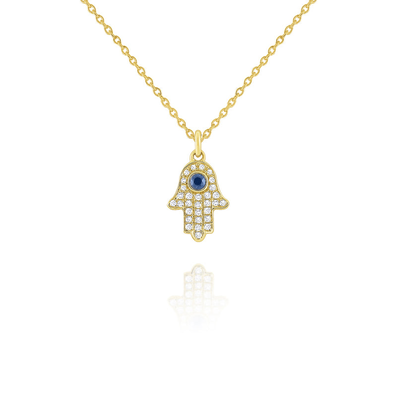 14KT Yellow Gold Diamond and Blue Sapphire Hamsa Necklace