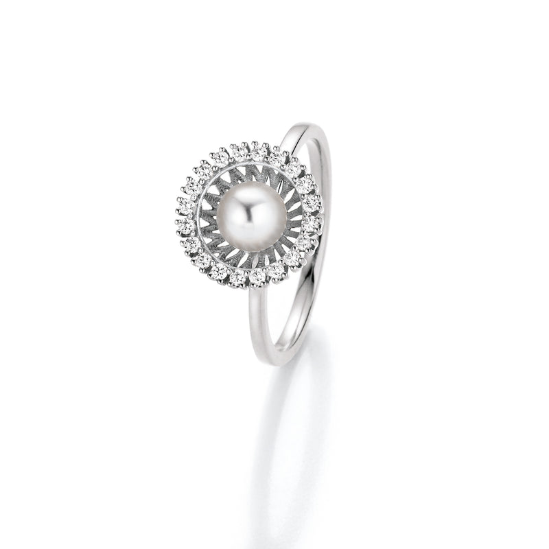 18KT White Gold Swing Boho Diamond + Pearl Ring